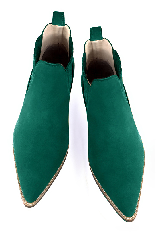 Emerald green women's ankle boots, with elastics. Tapered toe. Low cone heels. Top view - Florence KOOIJMAN